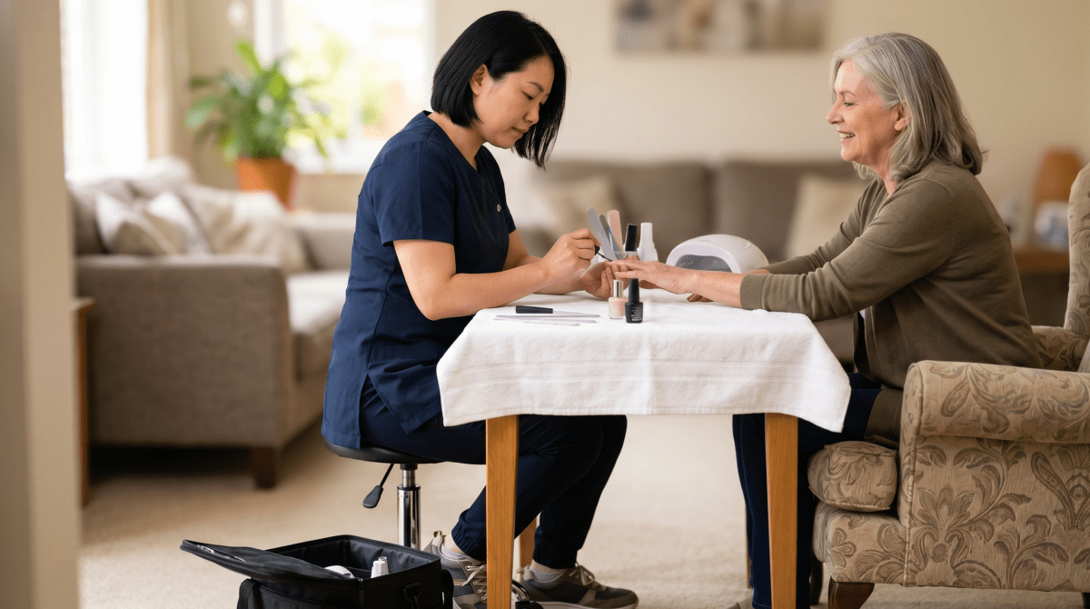 Mobile nail technician giving a manicure at a client's home