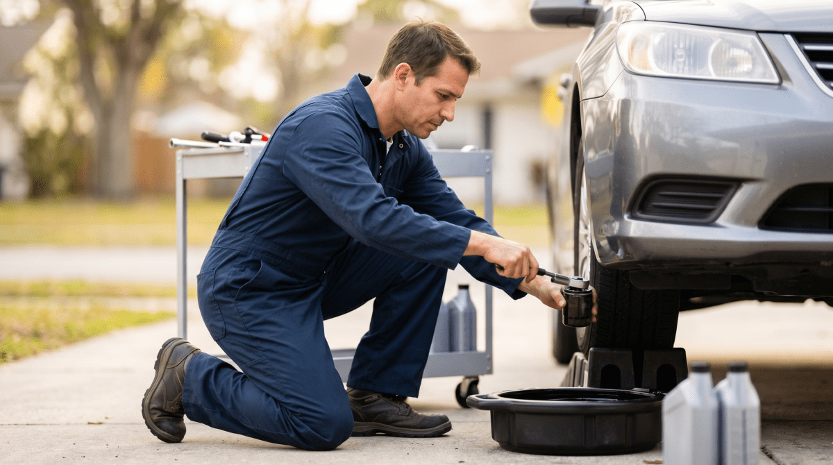 Mobile oil change technician changing oil on a vehicle for a mobile automotive maintenance business