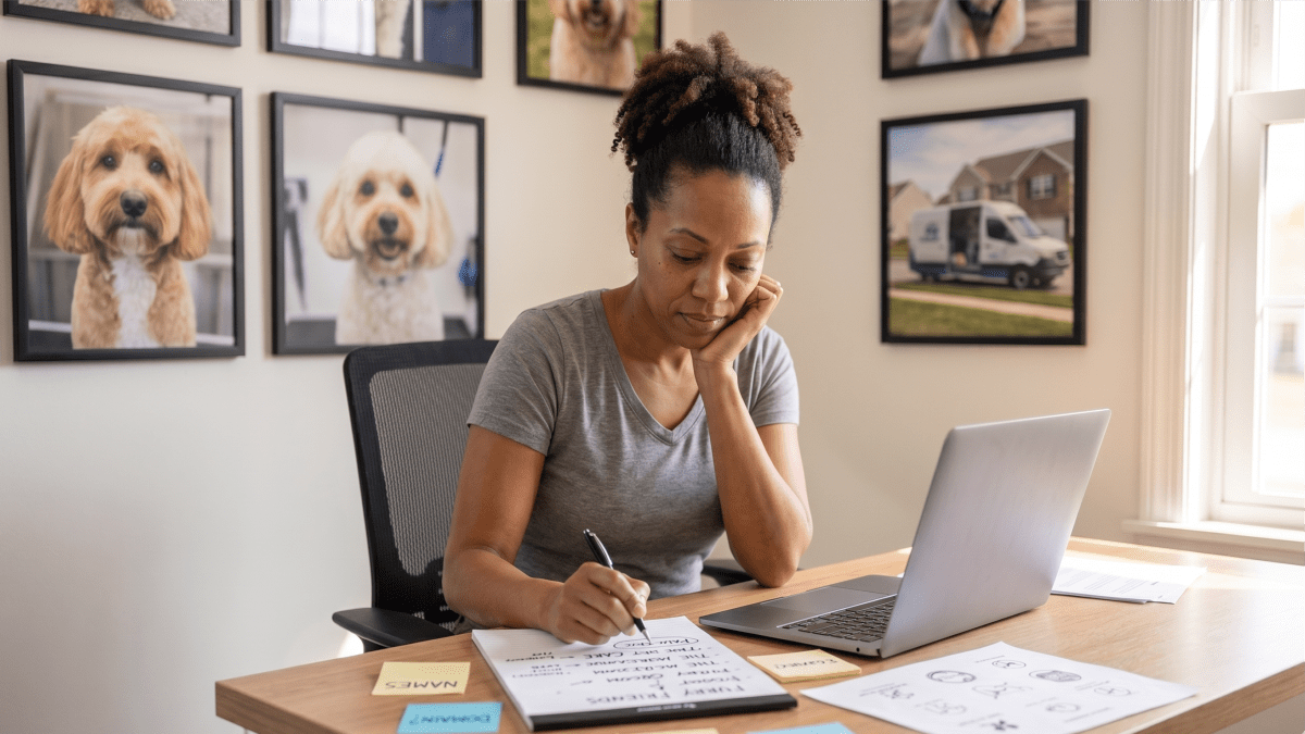 Mobile pet grooming service owner brainstorming LLC name ideas