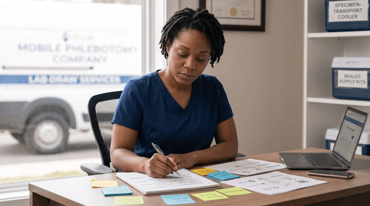 Mobile phlebotomy owner brainstorming business name ideas