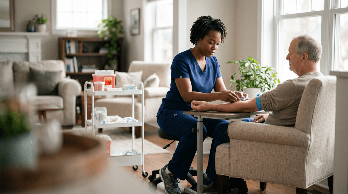 Mobile phlebotomy business owner drawing blood on a mobile visit