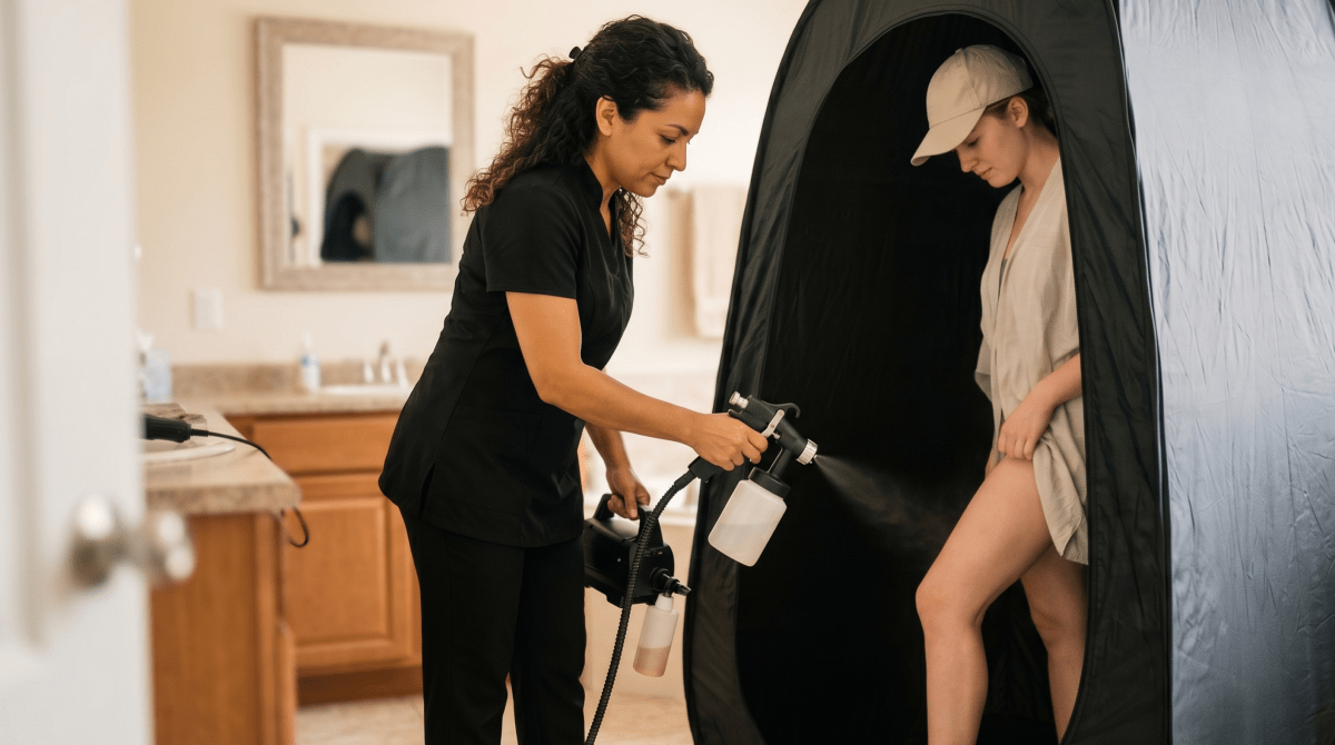 Mobile spray tan technician applying a spray tan service at a client’s home or location