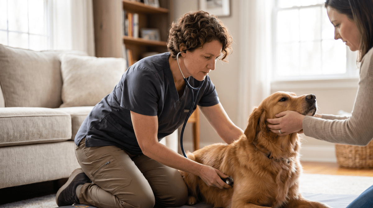 Mobile veterinarian treating a pet from a customers home