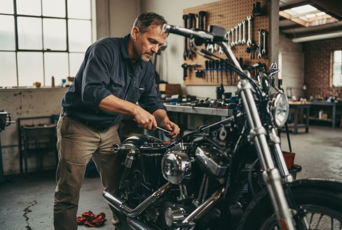 Motorcycle repair business owner actively working on a bike at a full-service repair shop