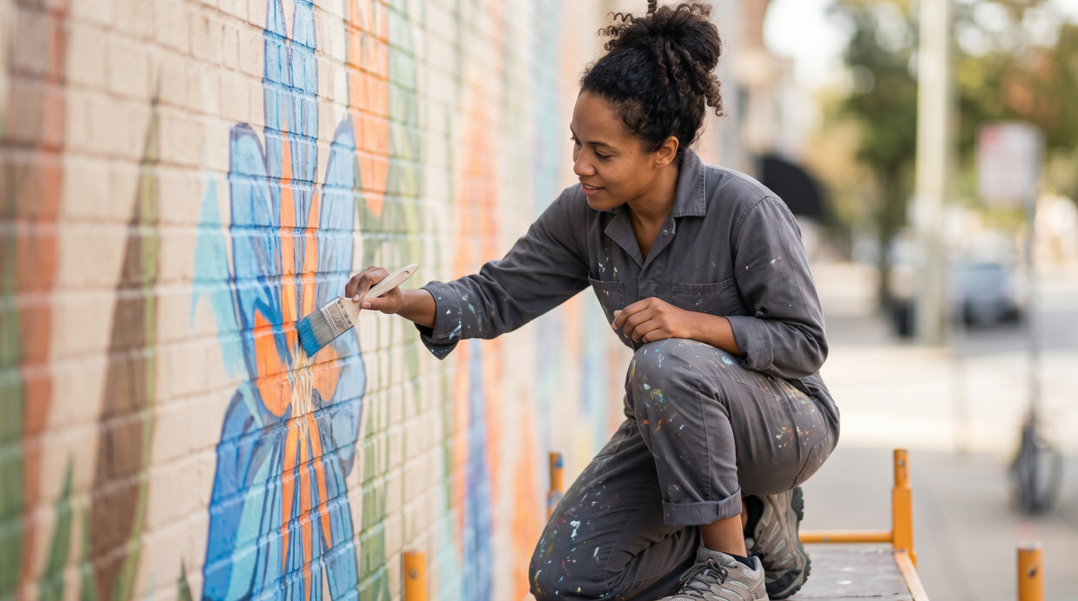 Mural artist painting a commercial mural for a public art and creative design business