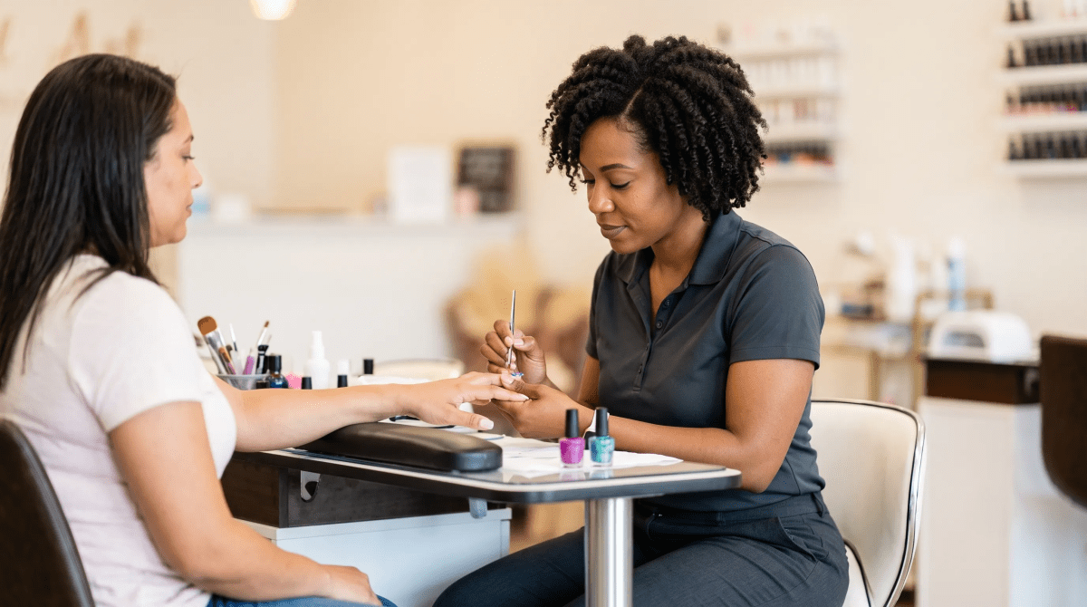 Nail art studio technician painting detailed designs on a client's nails