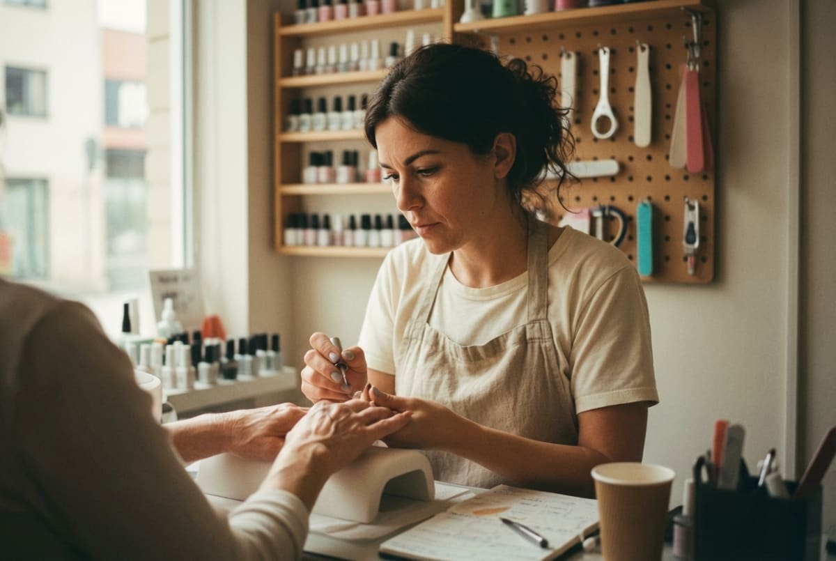 Nail salon business owner performing a professional manicure on a client