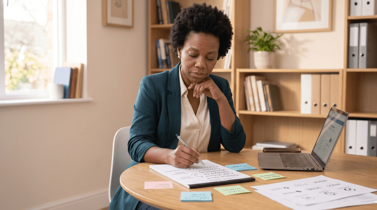 Nanny agency owner reviewing LLC name ideas for a childcare staffing business