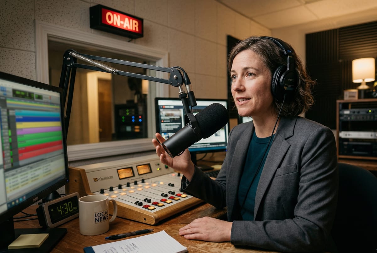 News radio station owner on-air for a live broadcast in a professional studio