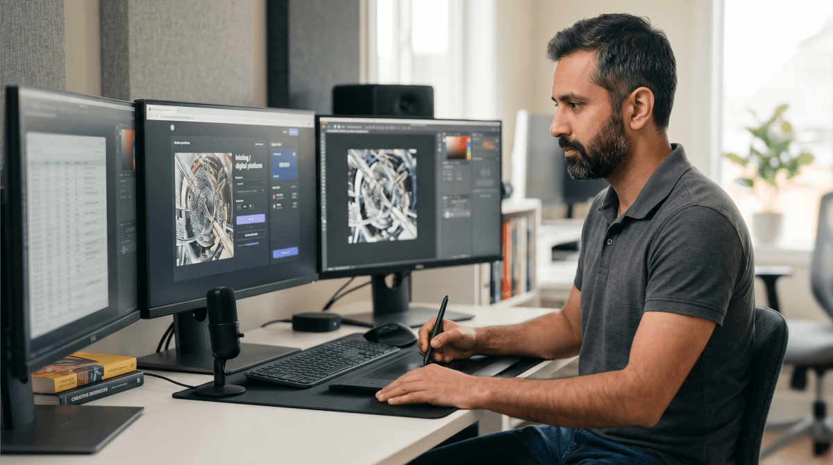 NFT and digital art business owner creating digital artwork for an online creative business