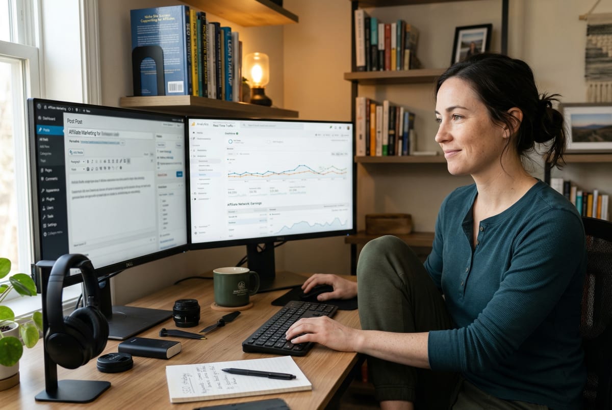 Niche affiliate website business owner updating website and checking performance metrics