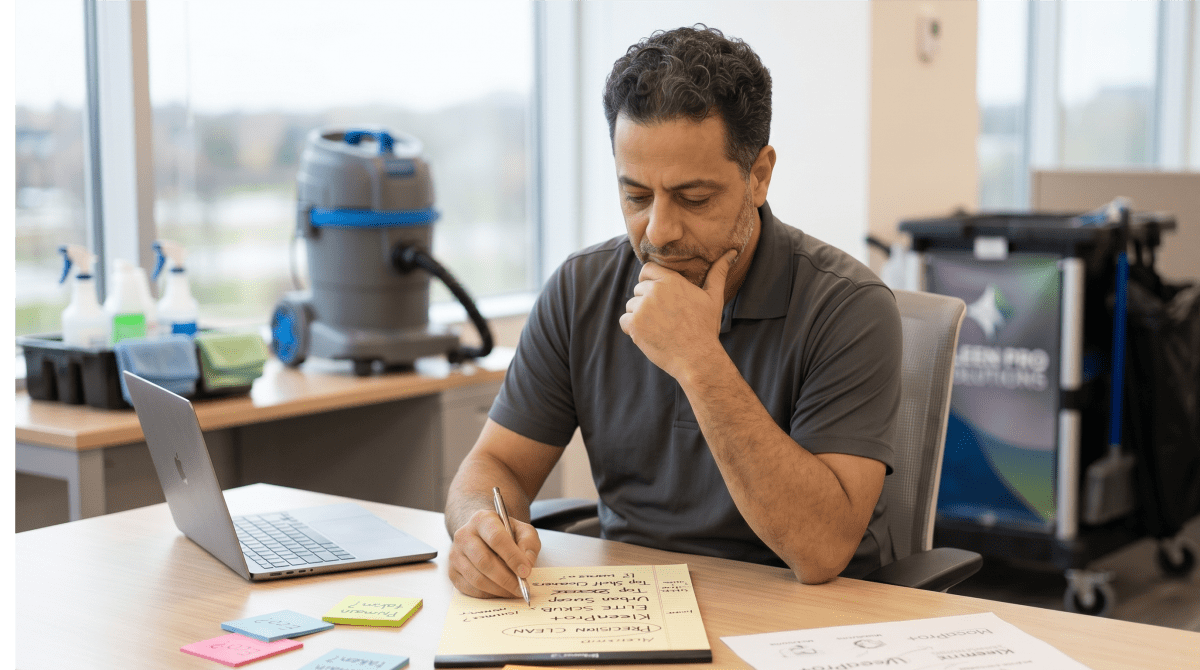 Office cleaning business owner reviewing LLC business name ideas