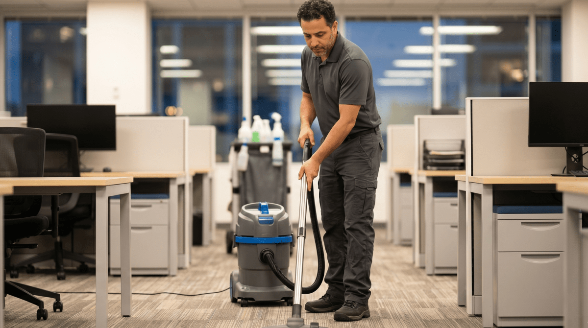 Office cleaning business owner cleaning a commercial office space for a janitorial company