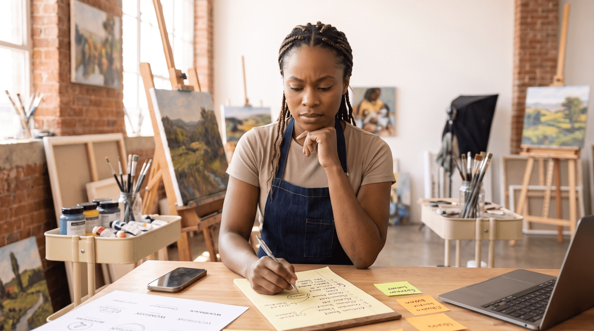 Oil painting studio owner brainstorming business name ideas
