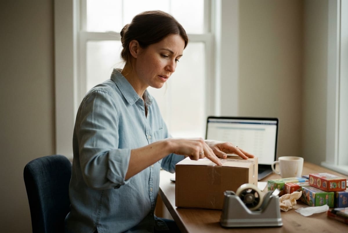 Online toy store owner packing and fulfilling customer orders from her home office