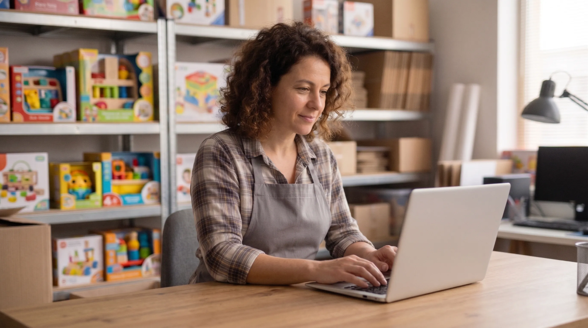 Online toy store owner managing inventory while starting an LLC business