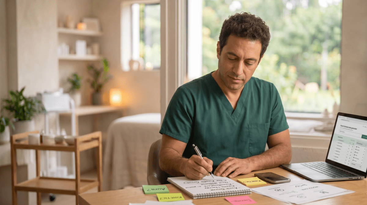 Organic skincare clinic owner brainstorming LLC business names