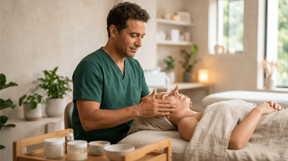 Organic skincare clinic owner performing a natural skincare treatment at a wellness clinic