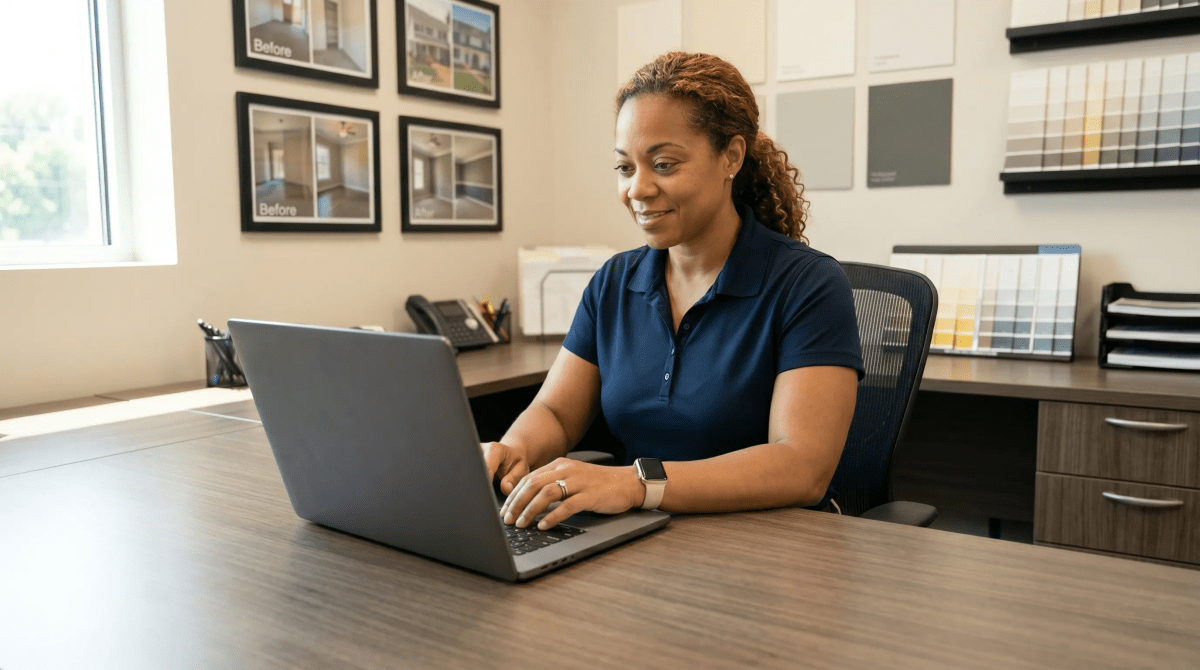 Painting contractor starting a painting business LLC on a laptop