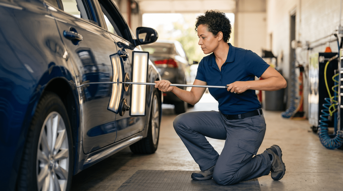 Paintless dent repair technician removing a vehicle dent at an auto body repair business