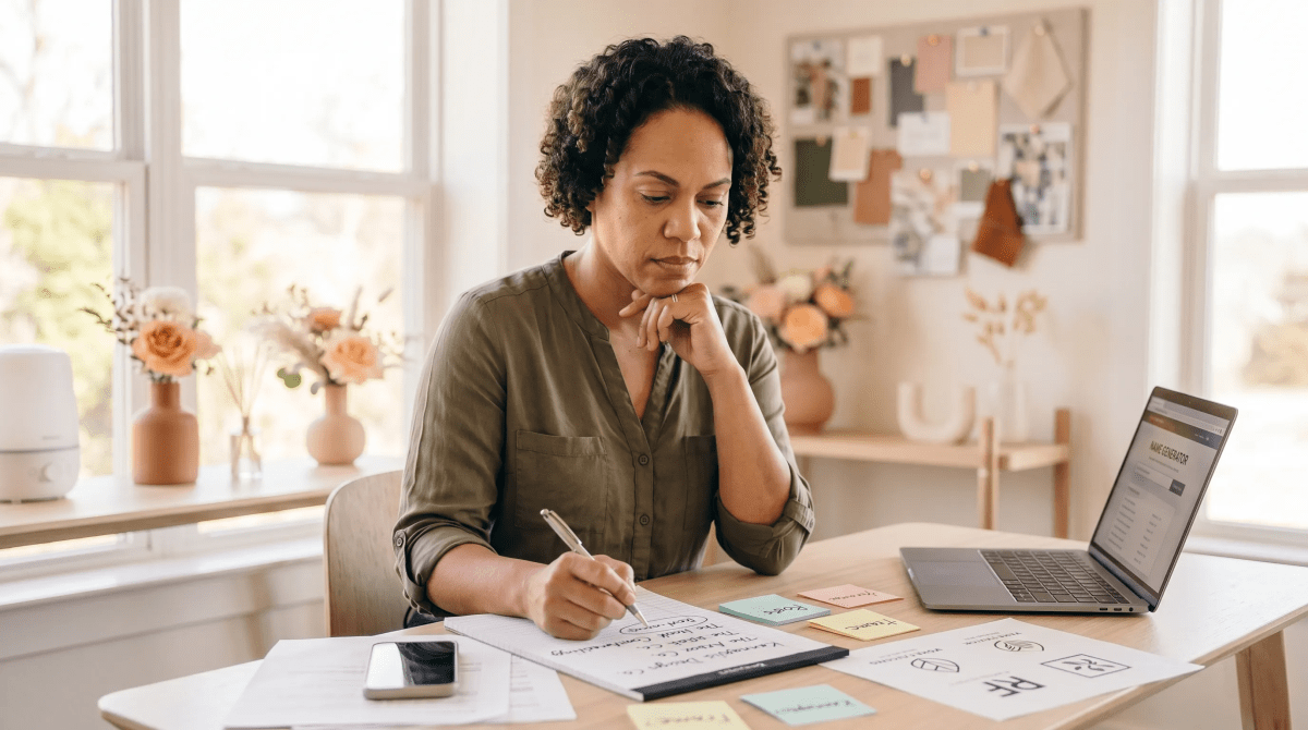 Party planning business owner reviewing LLC name ideas