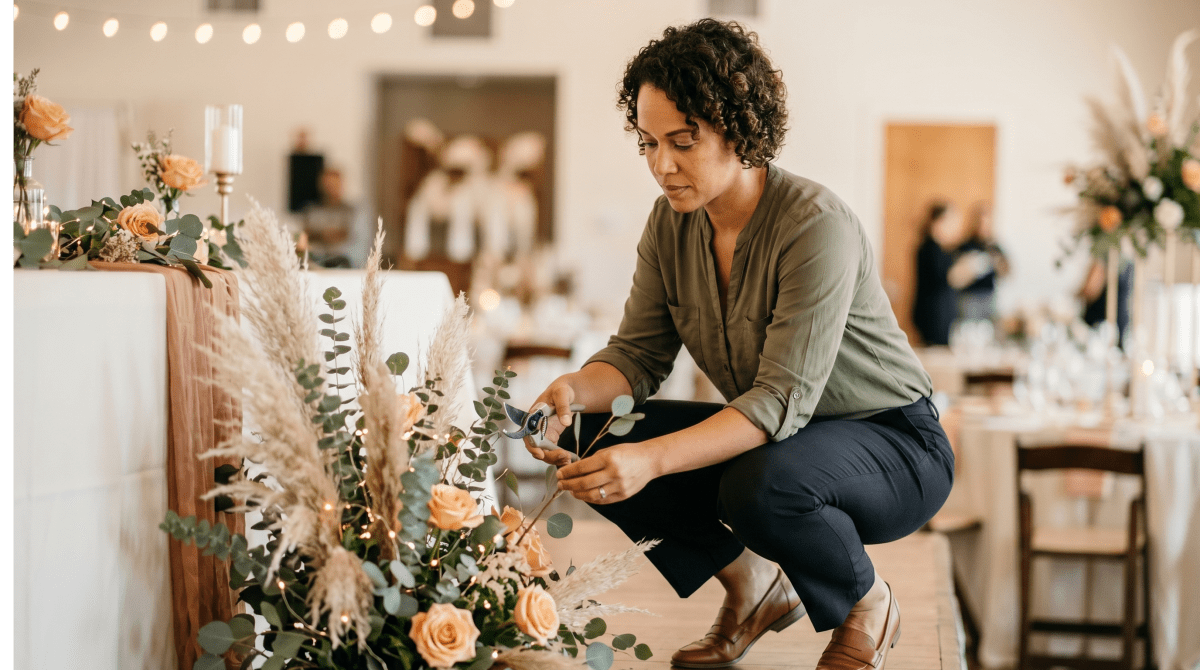 Party planning business owner organizing decorations and details for a special event