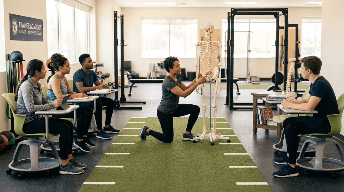 Personal trainer school owner teaching a personal training class