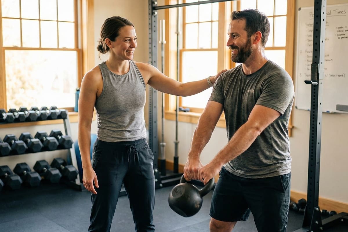 Personal training business owner coaching a client through a workout at a gym