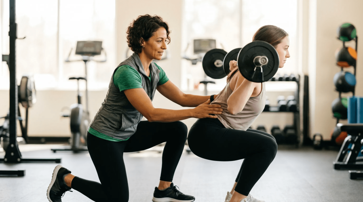 Personal training business owner coaching a client through a workout at a gym