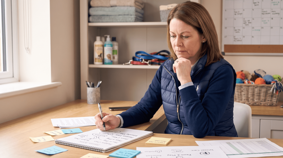 Pet concierge owner brainstorming business name ideas