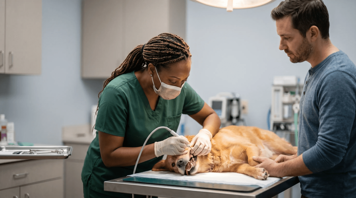 Examining a dog's teeth during a pet dental cleaning appointment