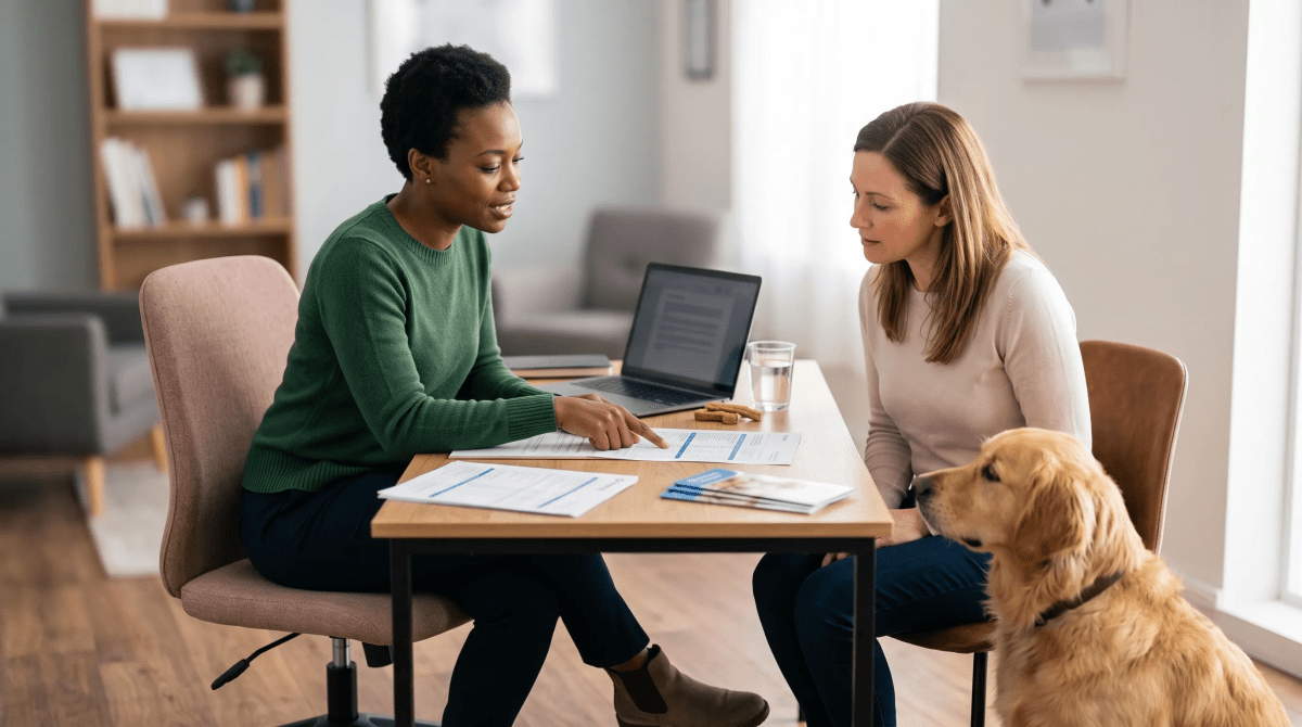 Pet insurance consultant reviewing coverage options with a client at a desk