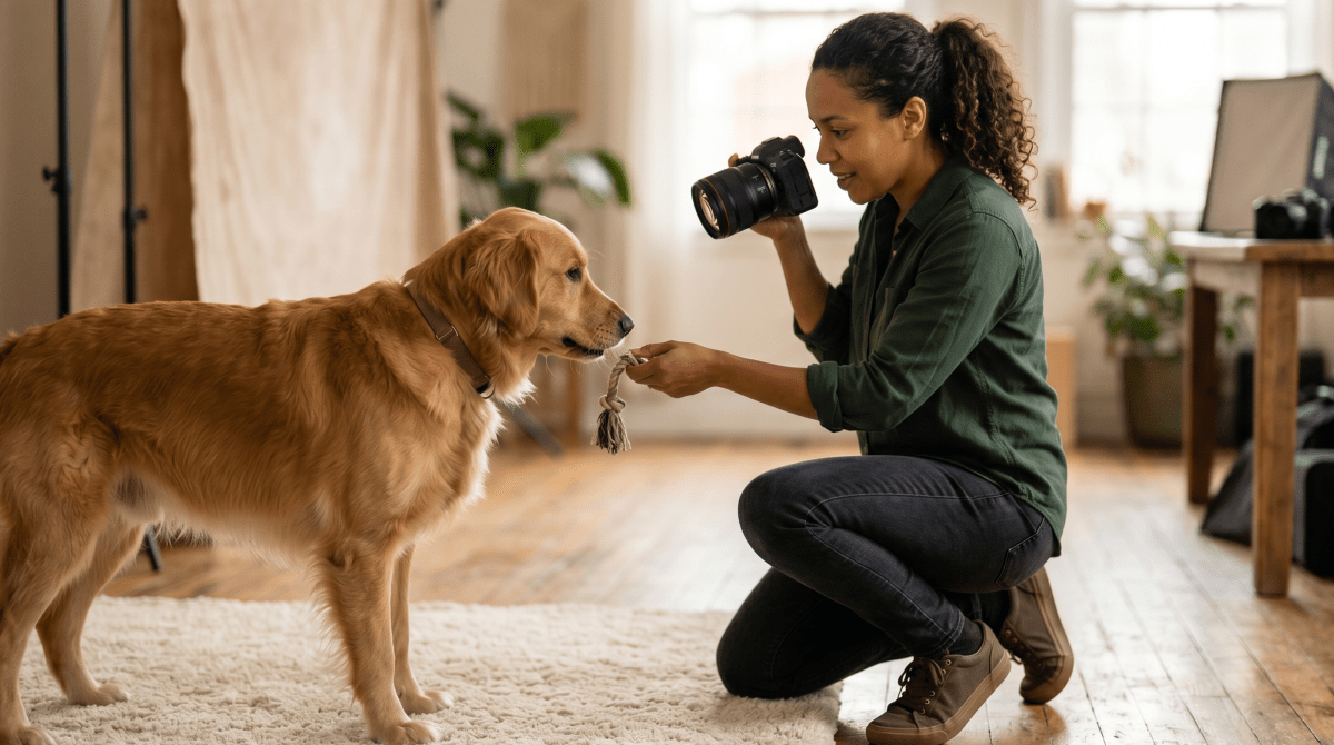 Pet portrait photographer positioning a dog for a photo in a bright studio