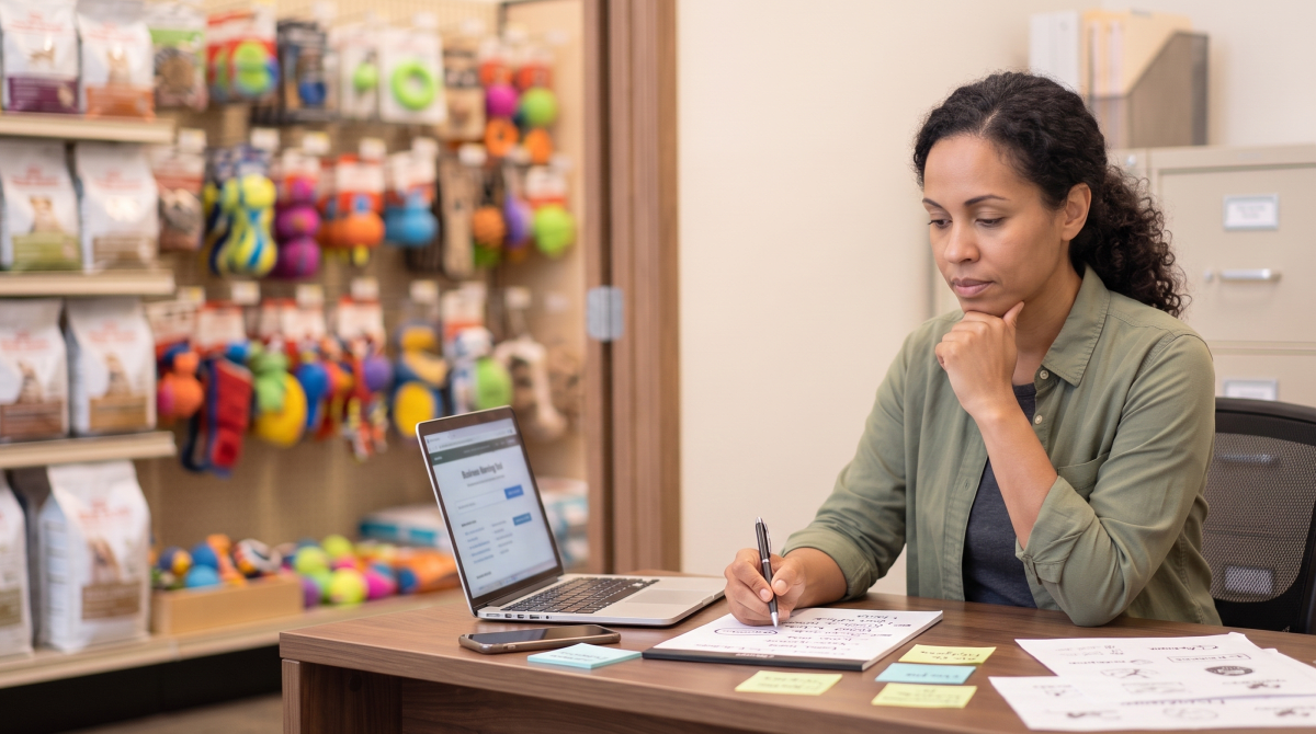 Pet retail store owner brainstorming business name ideas