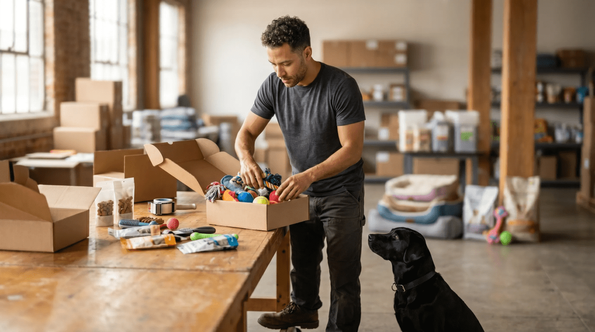 Packing treats and toys into branded boxes at a pet subscription box workspace
