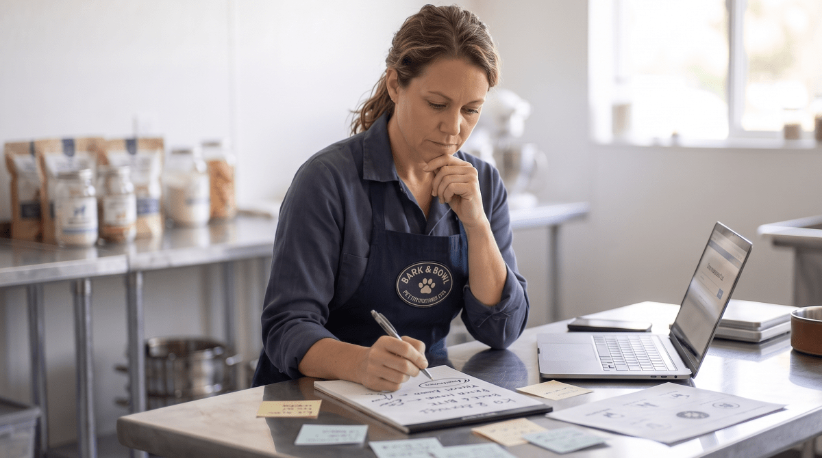 Pet supplement brand owner brainstorming business name ideas