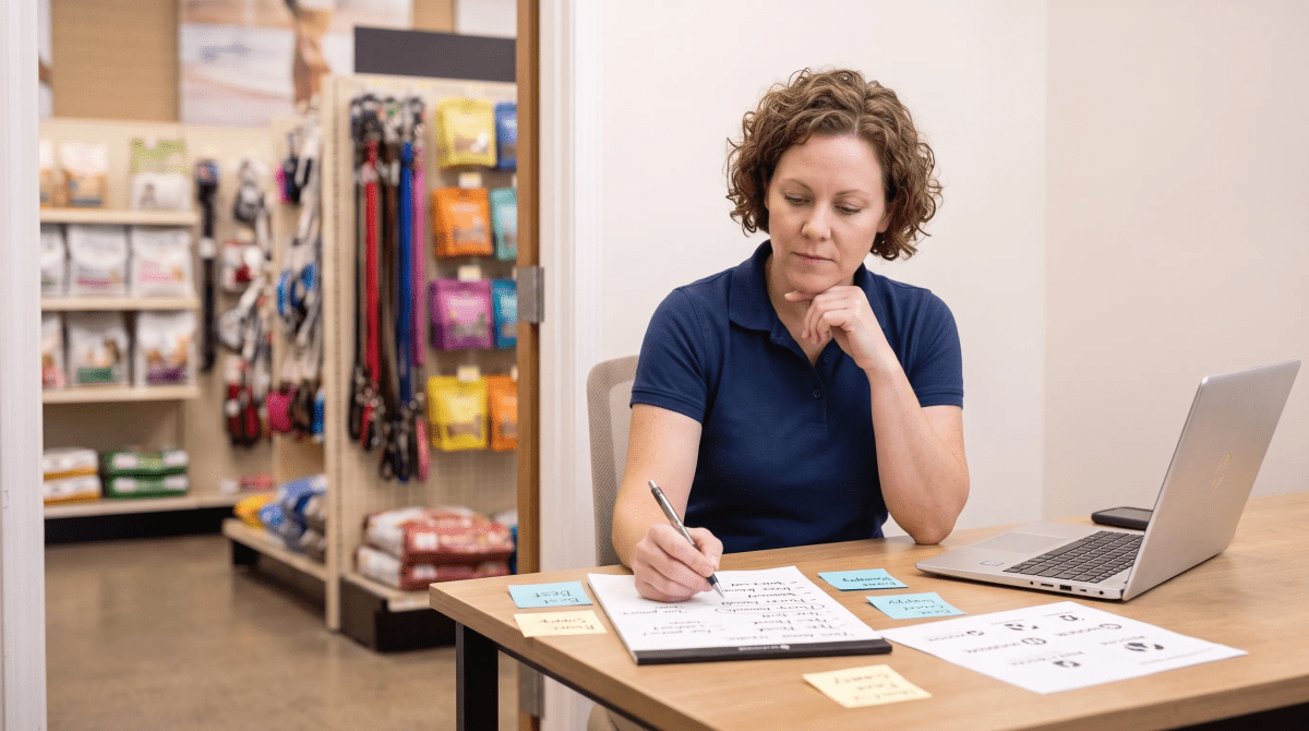 Pet supply store owner brainstorming business name ideas