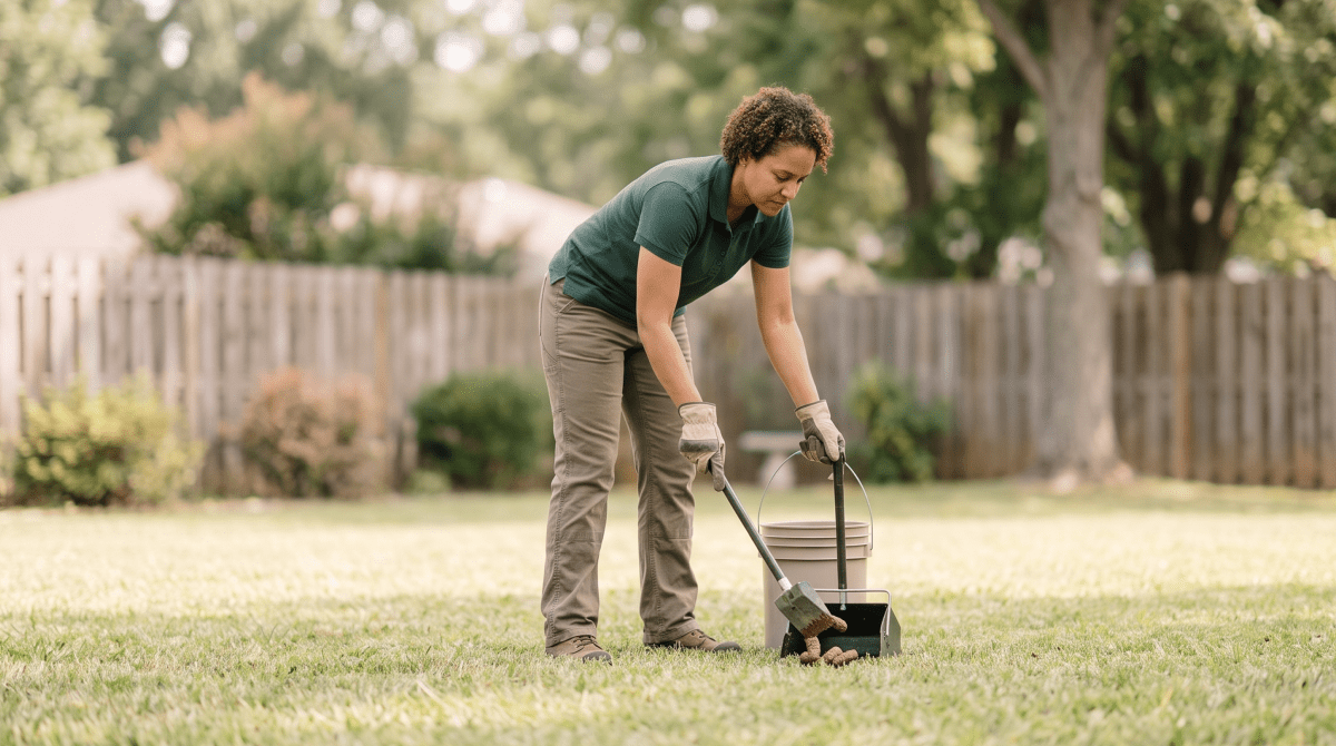 Pet waste removal business owner with cleanup equipment in a residential yard