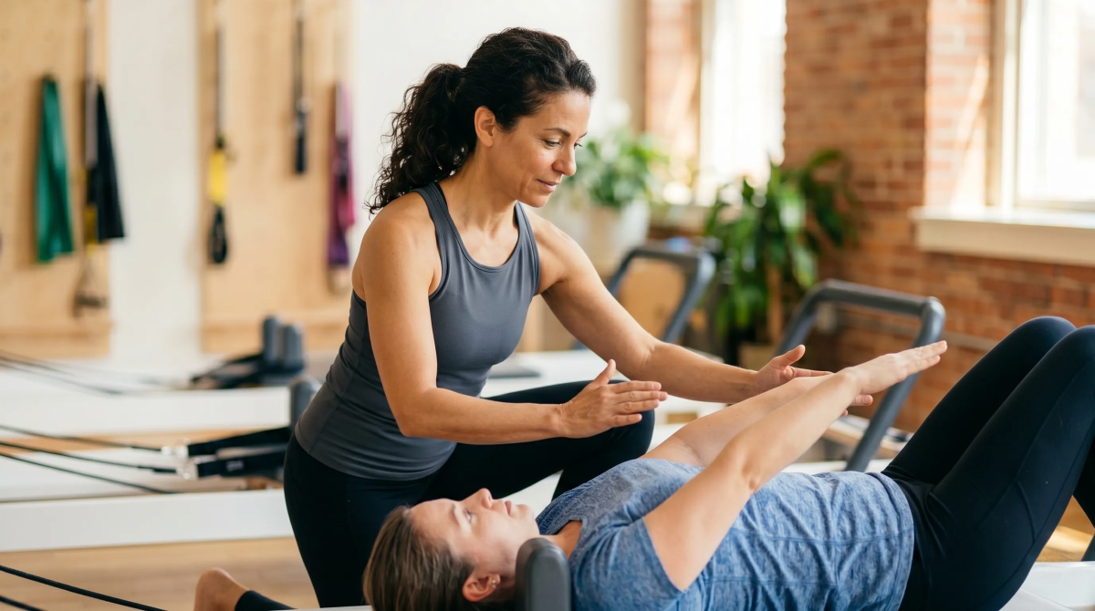Pilates studio business owner in her reformer studio instructing a class