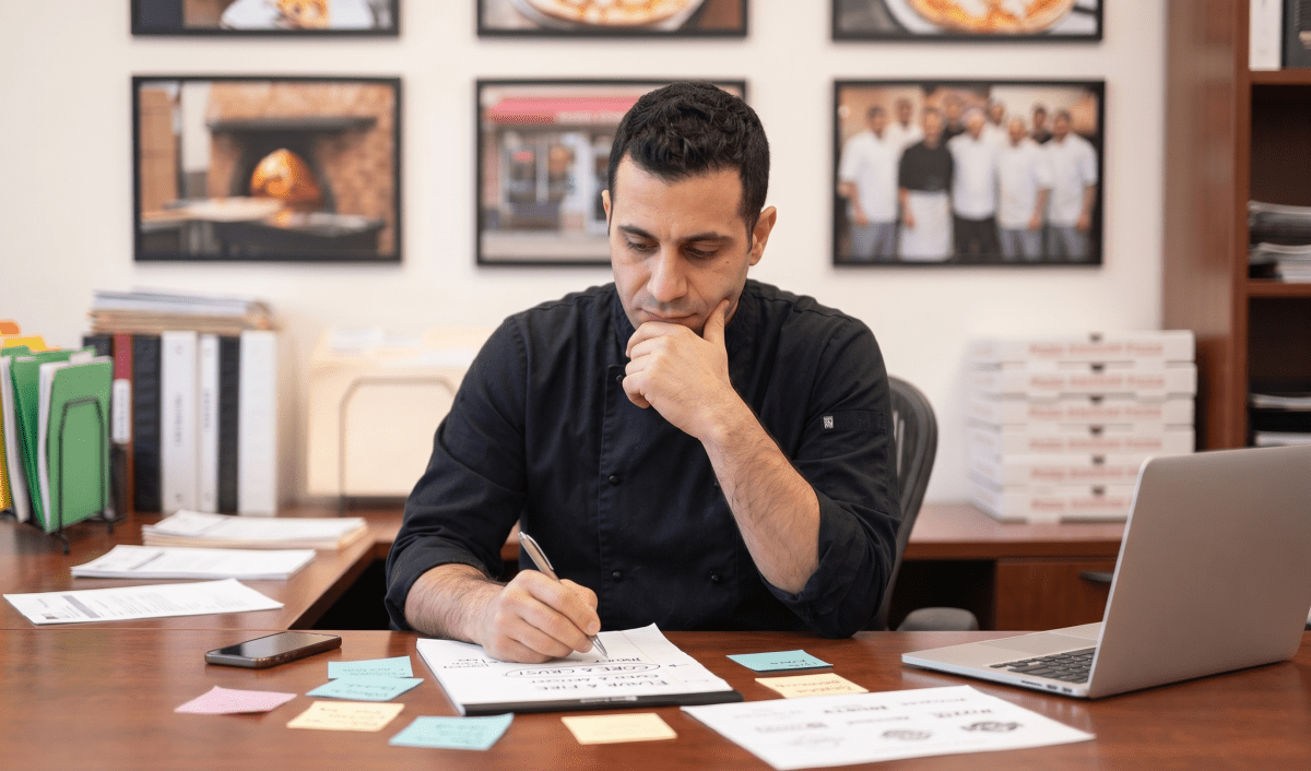 Pizzeria owner brainstorming pizzeria business names