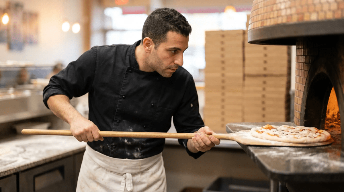 Pizzeria staff member serving a freshly made pizza to a customer at the restaurant