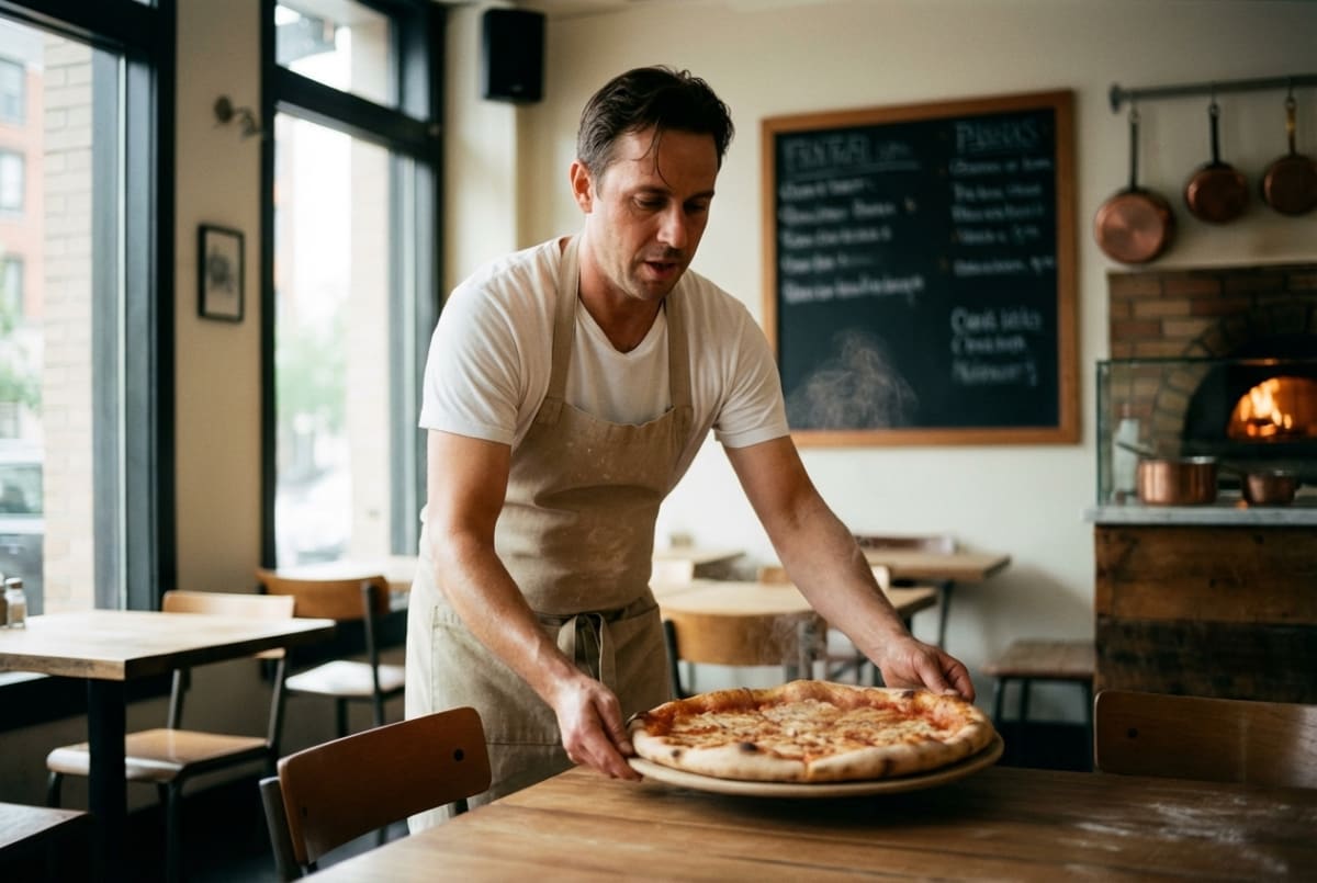 Pizzeria staff member serving a freshly made pizza to a customer at the restaurant