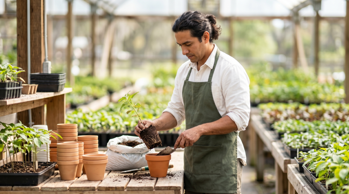 Plant nursery and garden owner tending plants at a garden center and landscaping business