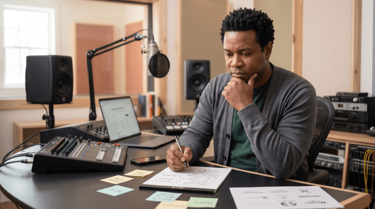 Podcast production studio owner brainstorming business name ideas