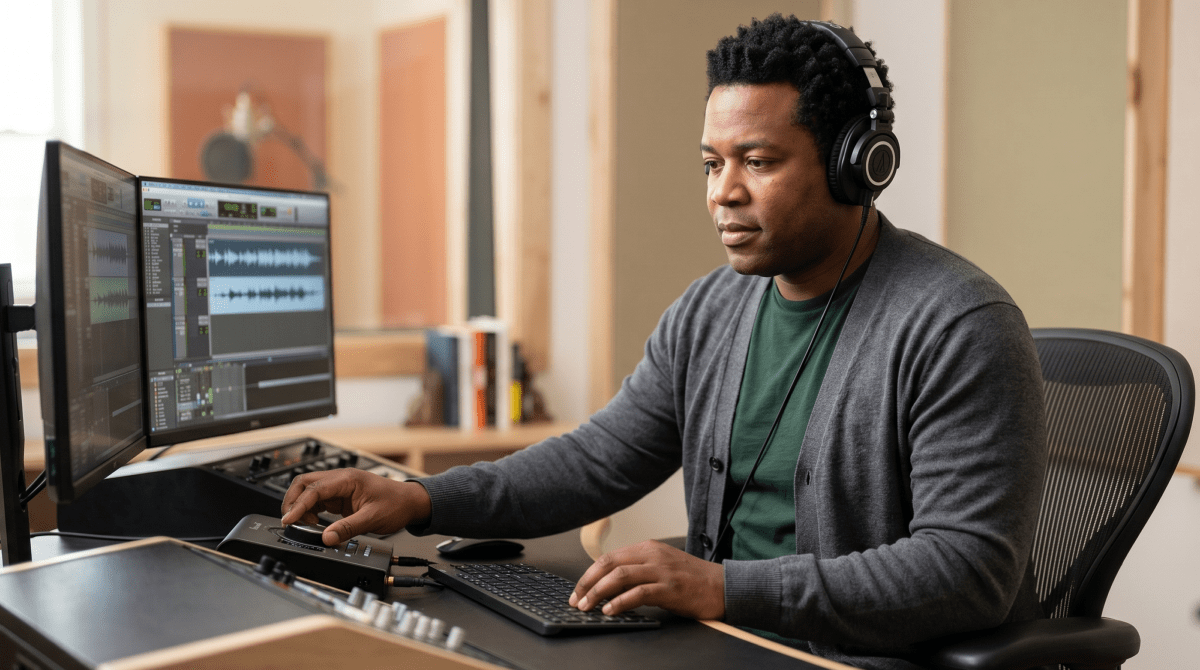Podcast production studio owner adjusting equipment at a mixing desk