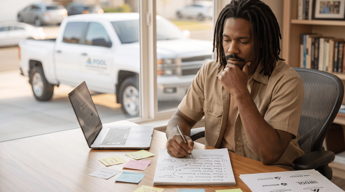 Pool builder owner brainstorming business name ideas