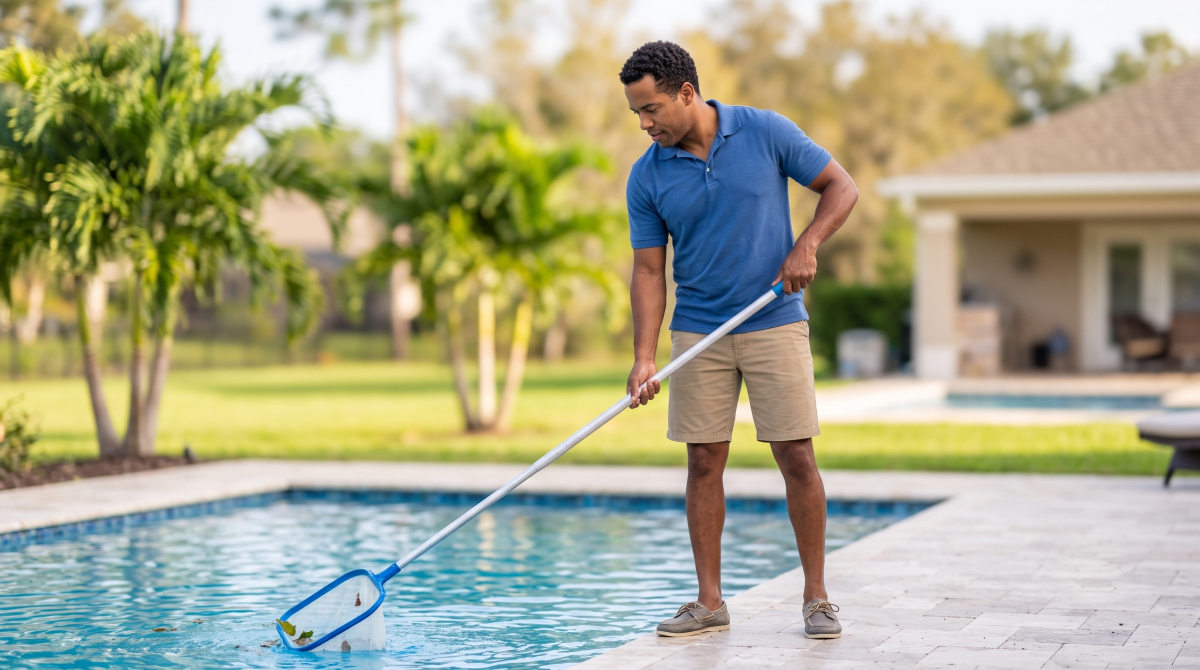 Pool maintenance service owner maintaining a pool