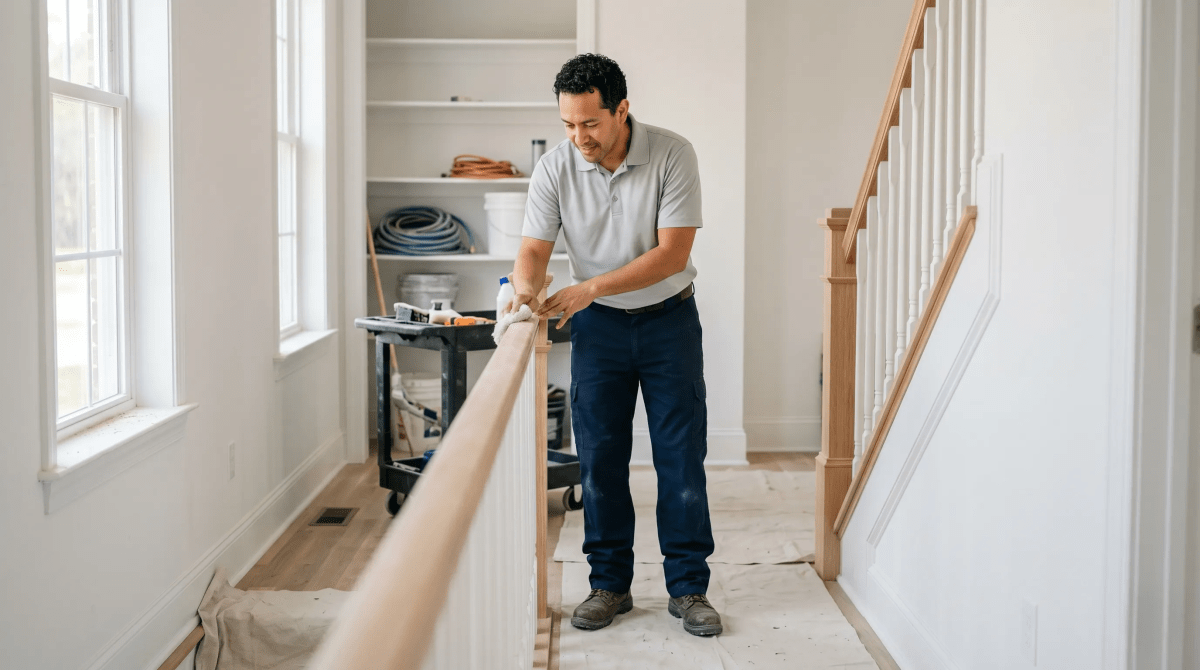 Post-construction cleaning crew removing dust and debris from a newly built property