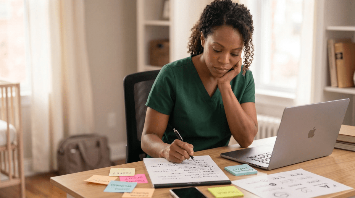 Postpartum doula reviewing LLC name ideas for a maternal support business