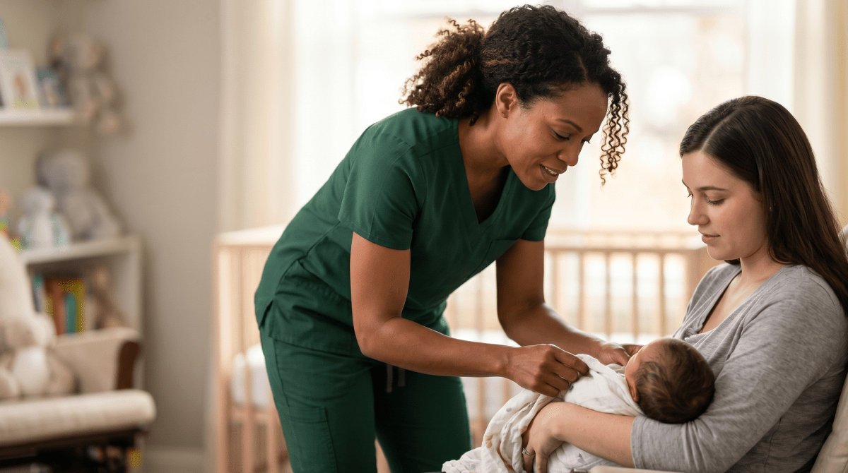 Postpartum doula supporting a new mother through postpartum care and wellness services